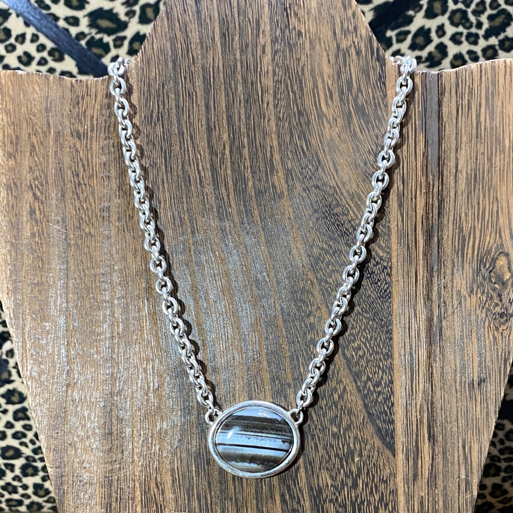 Etienne Aigner Silver Necklace With Round Striped Pendant